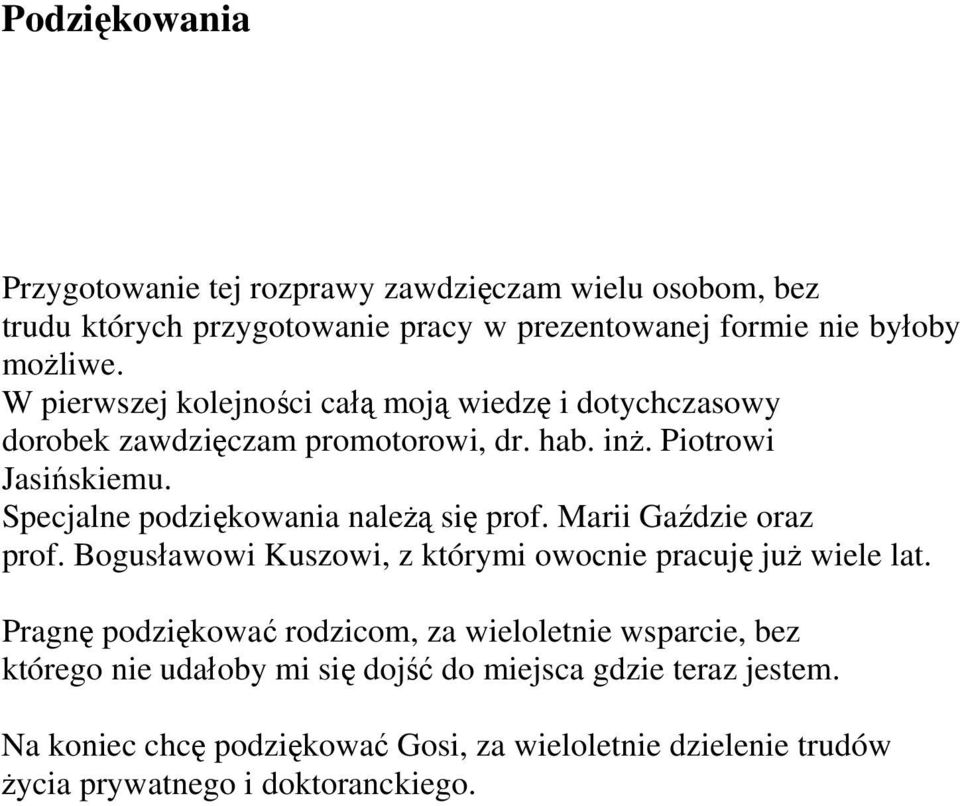 Specjalne podziękowania należą się prof. Marii Gaździe oraz prof. Bogusławowi Kuszowi, z którymi owocnie pracuję już wiele lat.