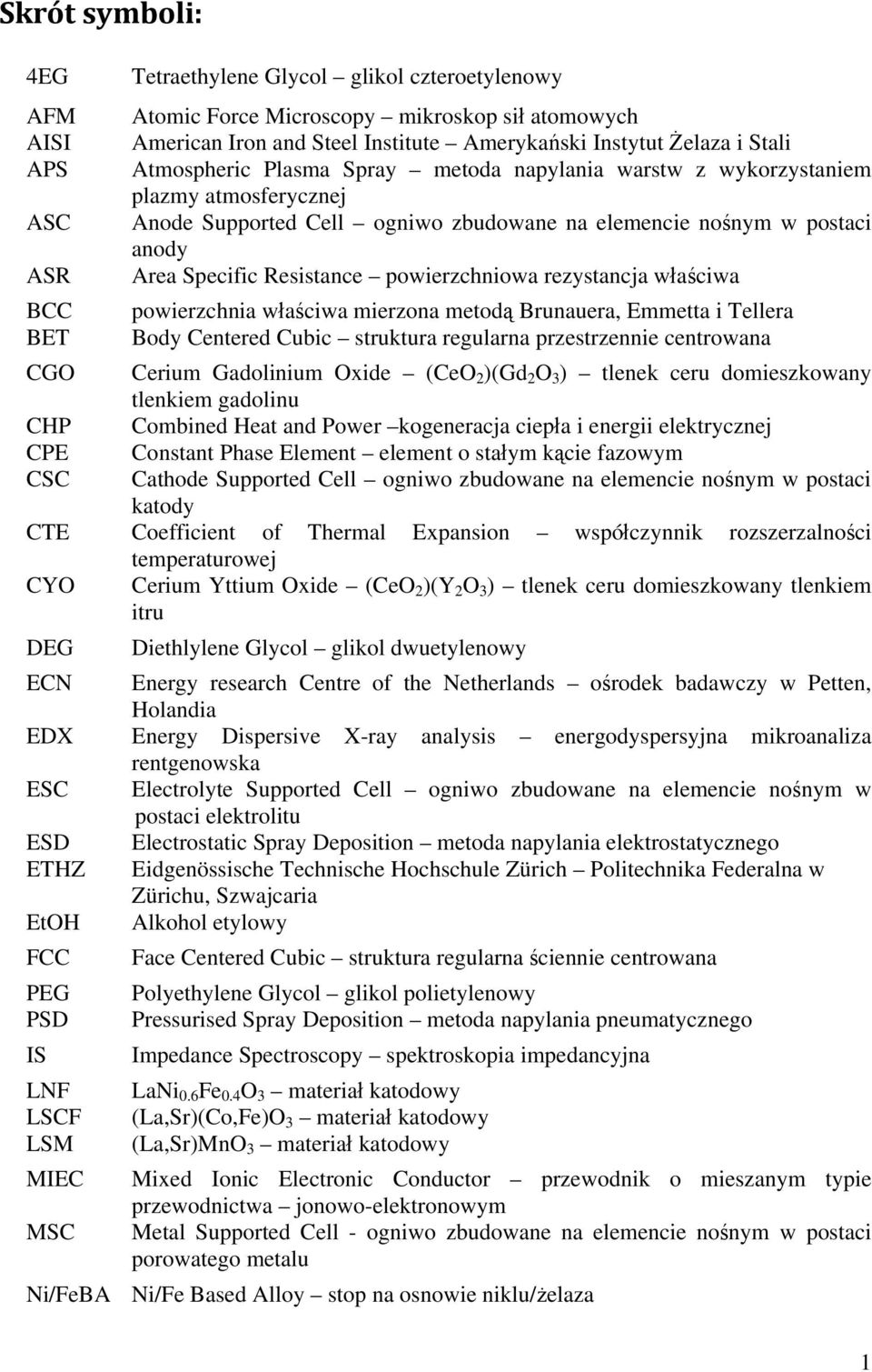 Resistance powierzchniowa rezystancja właściwa powierzchnia właściwa mierzona metodą Brunauera, Emmetta i Tellera Body Centered Cubic struktura regularna przestrzennie centrowana CGO Cerium