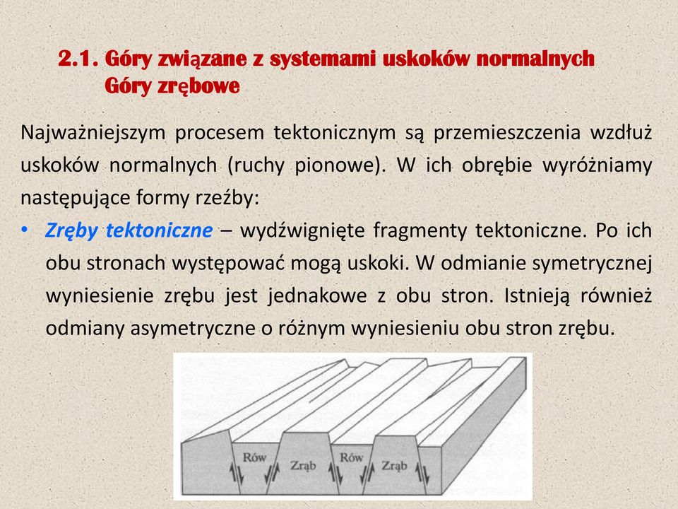 W ich obrębie wyróżniamy następujące formy rzeźby: Zręby tektoniczne wydźwignięte fragmenty tektoniczne.