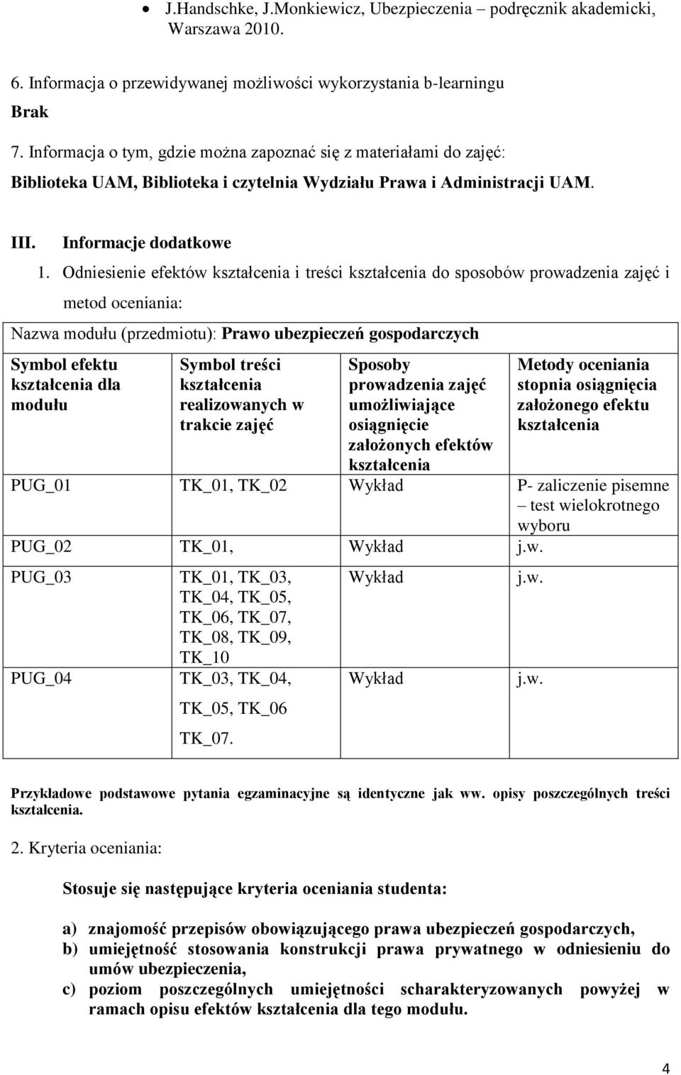 Odniesienie efektów i treści do sposobów prowadzenia zajęć i metod oceniania: Nazwa modułu (przedmiotu): Prawo ubezpieczeń gospodarczych Symbol efektu dla modułu Symbol treści realizowanych w trakcie