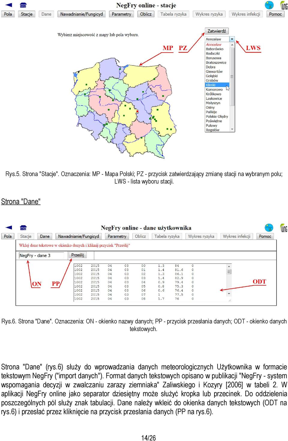 6) służy do wprowadzania danych meteorologicznych Użytkownika w formacie tekstowym NegFry ("import danych").