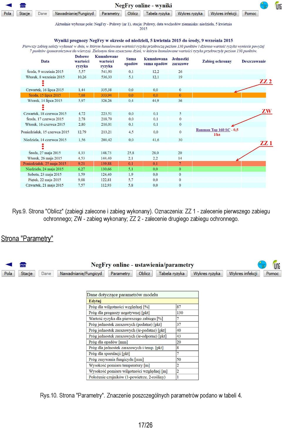 wykonany; ZZ 2 - zalecenie drugiego zabiegu ochronnego.