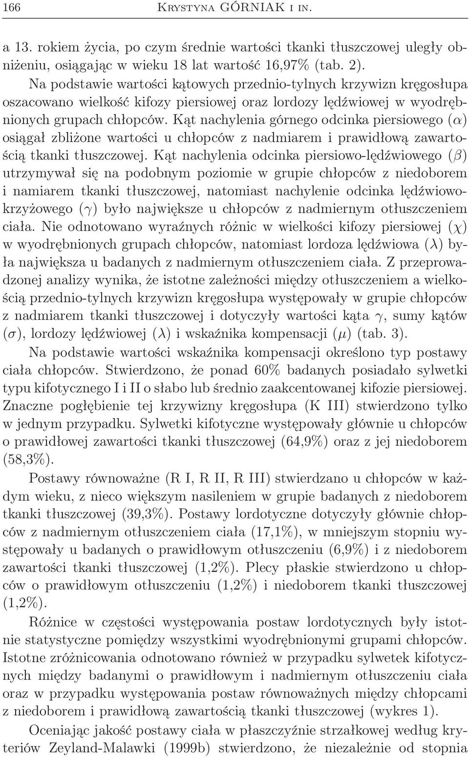 Kąt nachylenia górnego odcinka piersiowego (α) osiągał zbliżone wartości u chłopców z nadmiarem i prawidłową zawartością tkanki tłuszczowej.