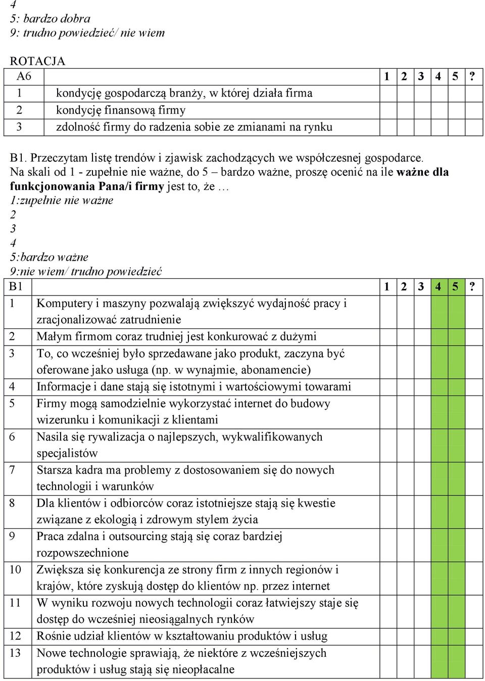 Na skali od 1 - zupełnie nie ważne, do 5 bardzo ważne, proszę ocenić na ile ważne dla funkcjonowania Pana/i firmy jest to, że 1:zupełnie nie ważne 5:bardzo ważne 9:nie wiem/ trudno powiedzieć B1 1 5?