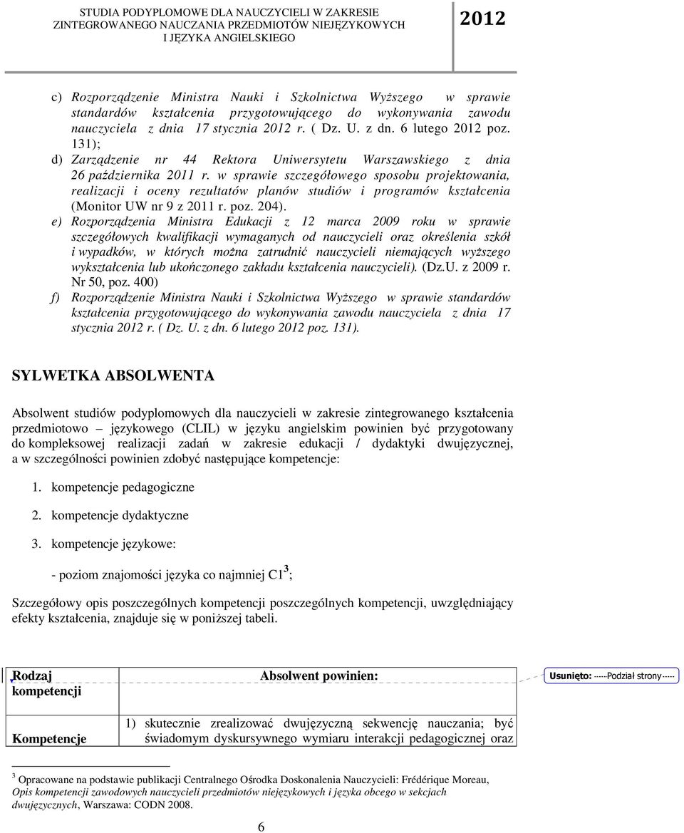 w sprawie szczegółowego sposobu projektowania, realizacji i oceny rezultatów planów studiów i programów kształcenia (Monitor UW nr 9 z 2011 r. poz. 204).