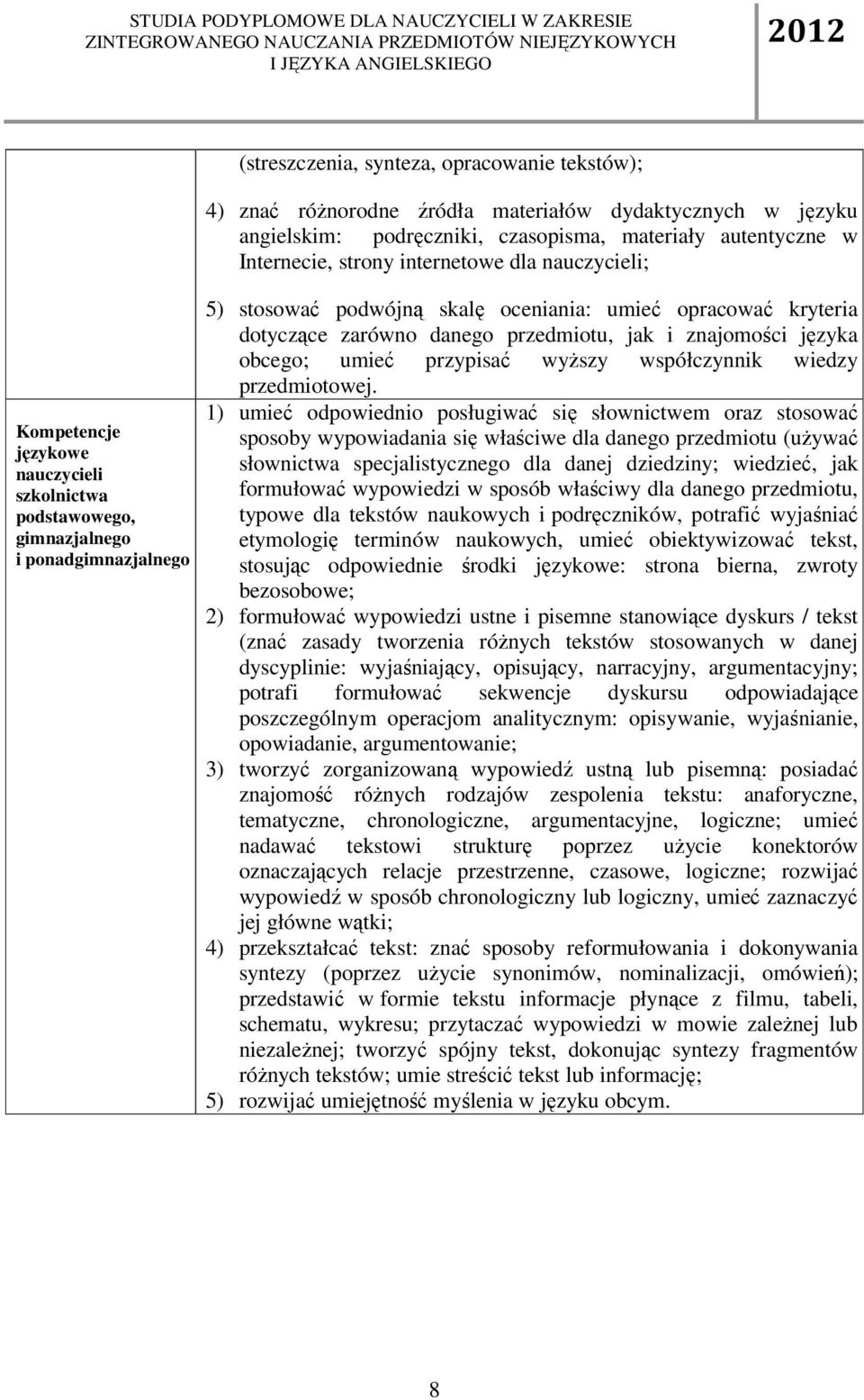 przedmiotu, jak i znajomości języka obcego; umieć przypisać wyŝszy współczynnik wiedzy przedmiotowej.