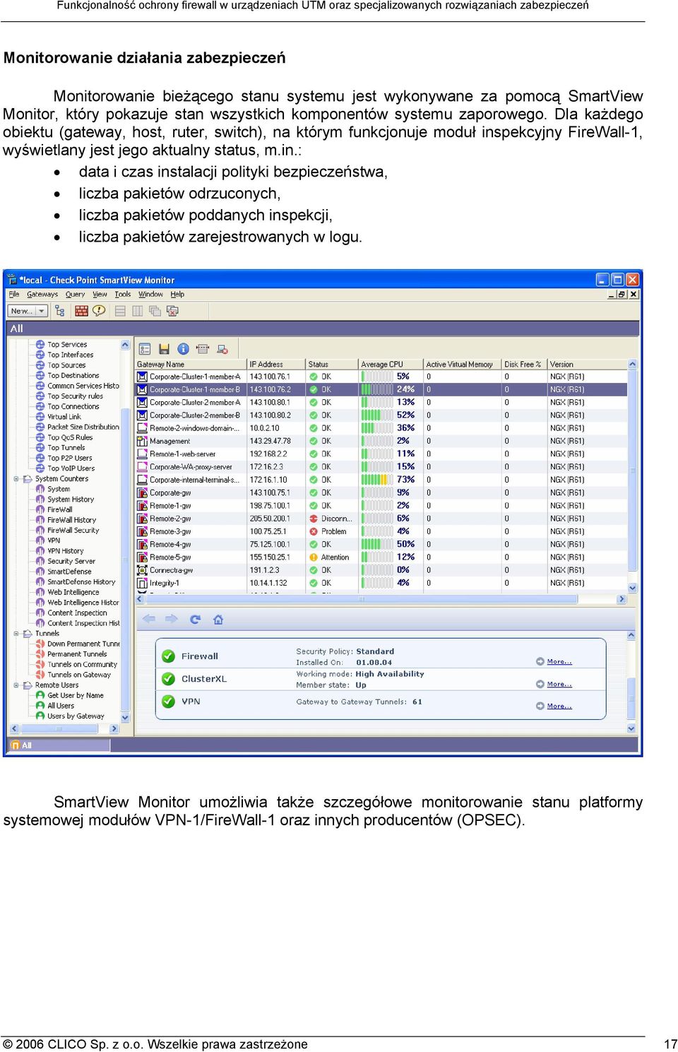 pekcyjny FireWall-1, wyświetlany jest jego aktualny status, m.in.