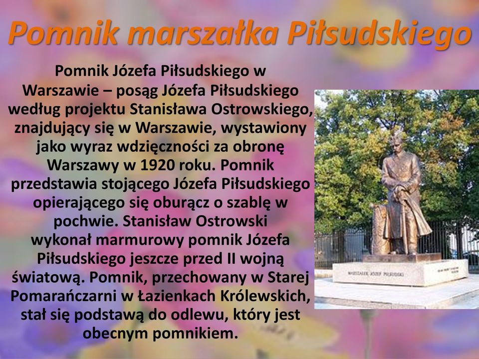 Pomnik przedstawia stojącego Józefa Piłsudskiego opierającego się oburącz o szablę w pochwie.