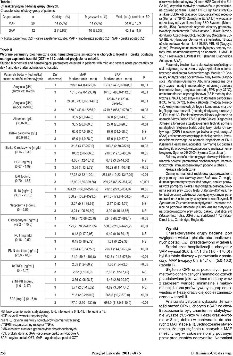 dobie od przyjêcia na oddzia³. Studied biochemical and hematological parameters detected in patients with mild and severe acute pancreatitis on day 1 and day 3 after admission to hospital.
