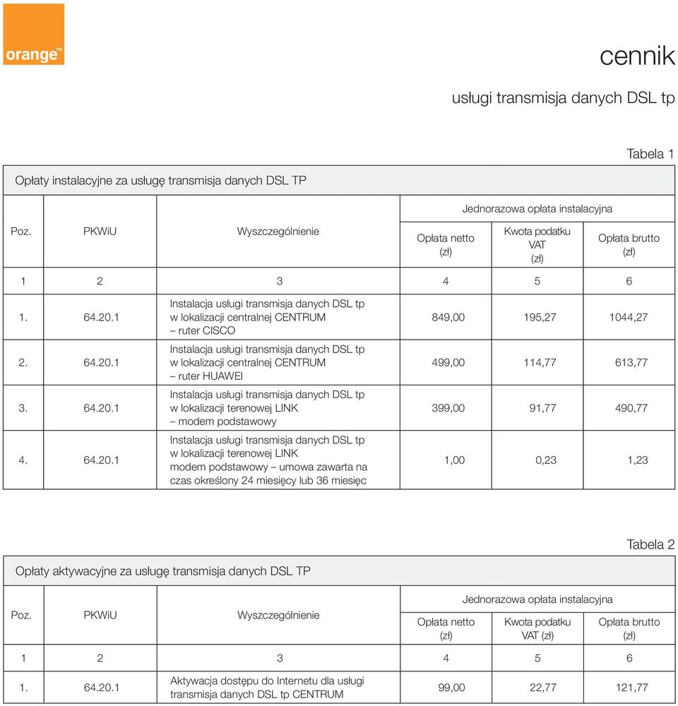 LINK modem podstawowy umowa zawarta na czas określony 24 miesięcy lub 36 miesięc 849,00 195,27 1044,27 499,00 114,77 613,77 399,00 91,77 490,77 1,00 0,23 1,23 Tabela