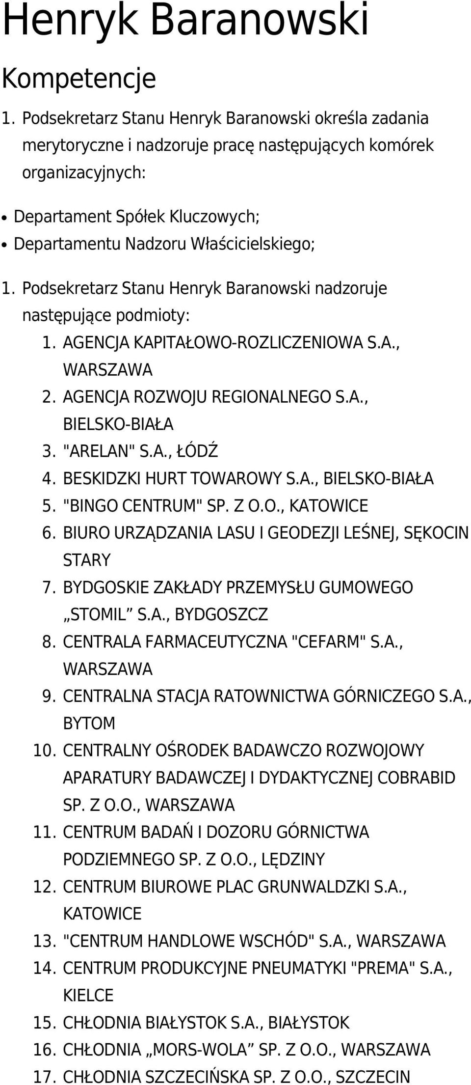 Podsekretarz Stanu Henryk Baranowski nadzoruje następujące podmioty: 1. AGENCJA KAPITAŁOWO-ROZLICZENIOWA S.A., 2. AGENCJA ROZWOJU REGIONALNEGO S.A., BIELSKO-BIAŁA 3. "ARELAN" S.A., ŁÓDŹ 4.