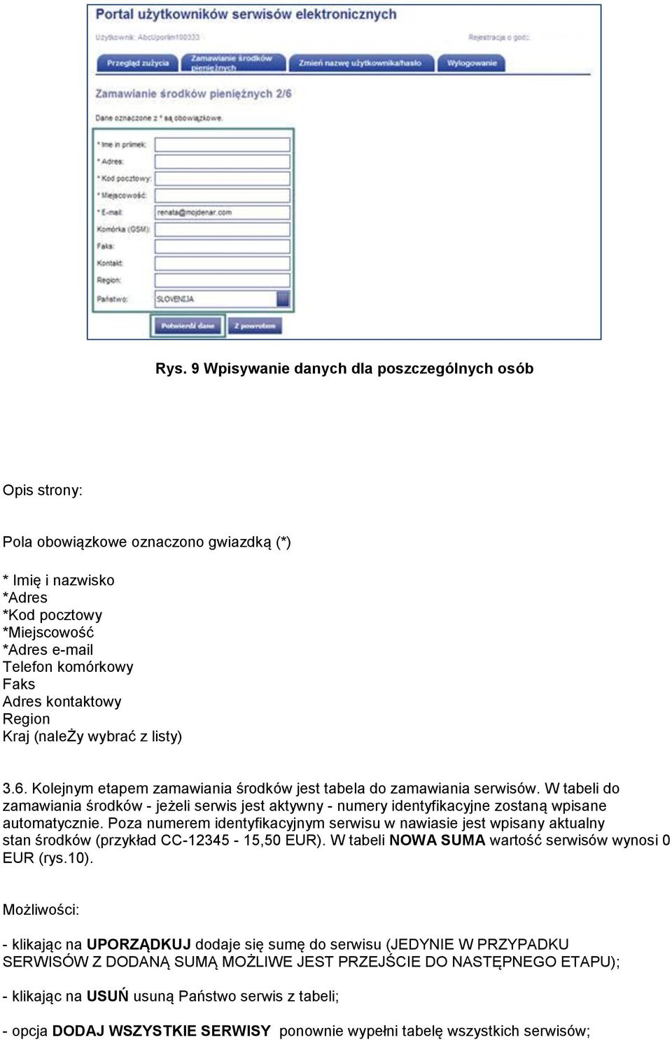 W tabeli do zamawiania środków - jeżeli serwis jest aktywny - numery identyfikacyjne zostaną wpisane automatycznie.