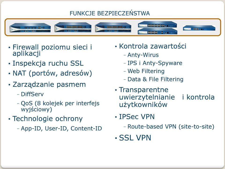 User-ID, Content-ID Kontrola zawartości - Anty-Wirus - IPS i Anty-Spyware - Web Filtering - Data & File