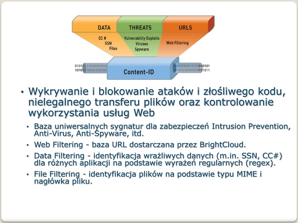 Web Filtering - baza URL dostarczana przez BrightCloud. Data Filtering - identyfikacja wrażliwych danych (m.in. SSN, CC#) dla różnych aplikacji na podstawie wyrażeń regularnych (regex).