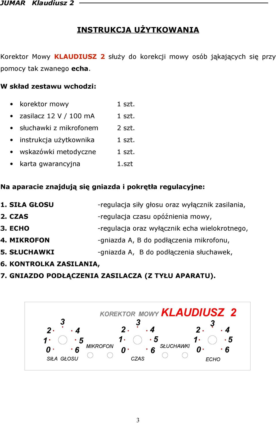 SIŁA GŁOSU -regulacja siły głosu oraz wyłącznik zasilania,. CZAS -regulacja czasu opóźnienia mowy,. ECHO -regulacja oraz wyłącznik echa wielokrotnego,.