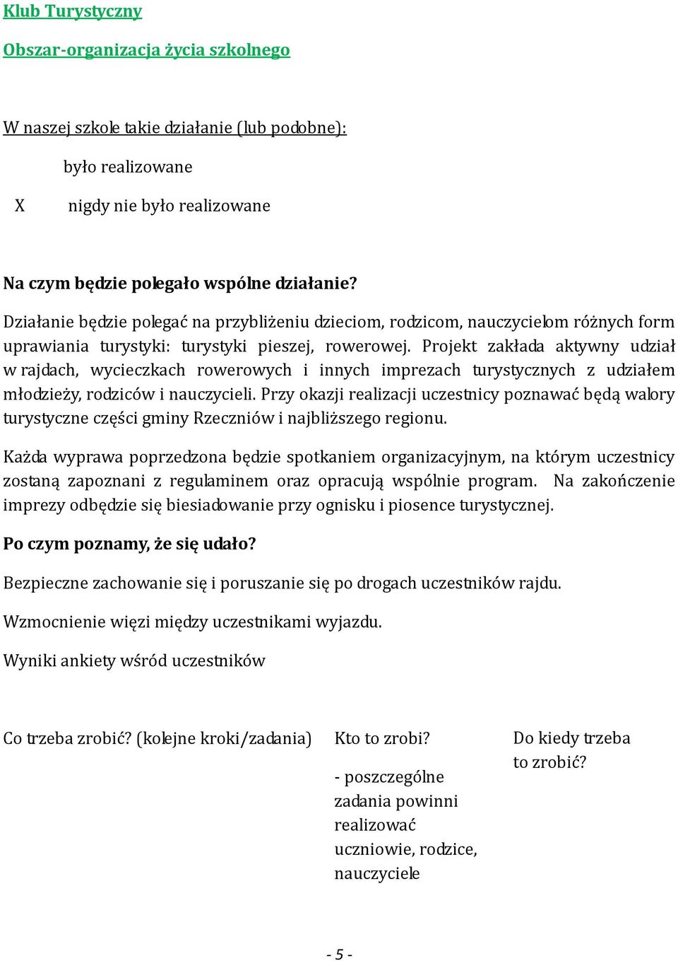 Projekt zakłada aktywny udział w rajdach, wycieczkach rowerowych i innych imprezach turystycznych z udziałem młodzieży, rodziców i nauczycieli.