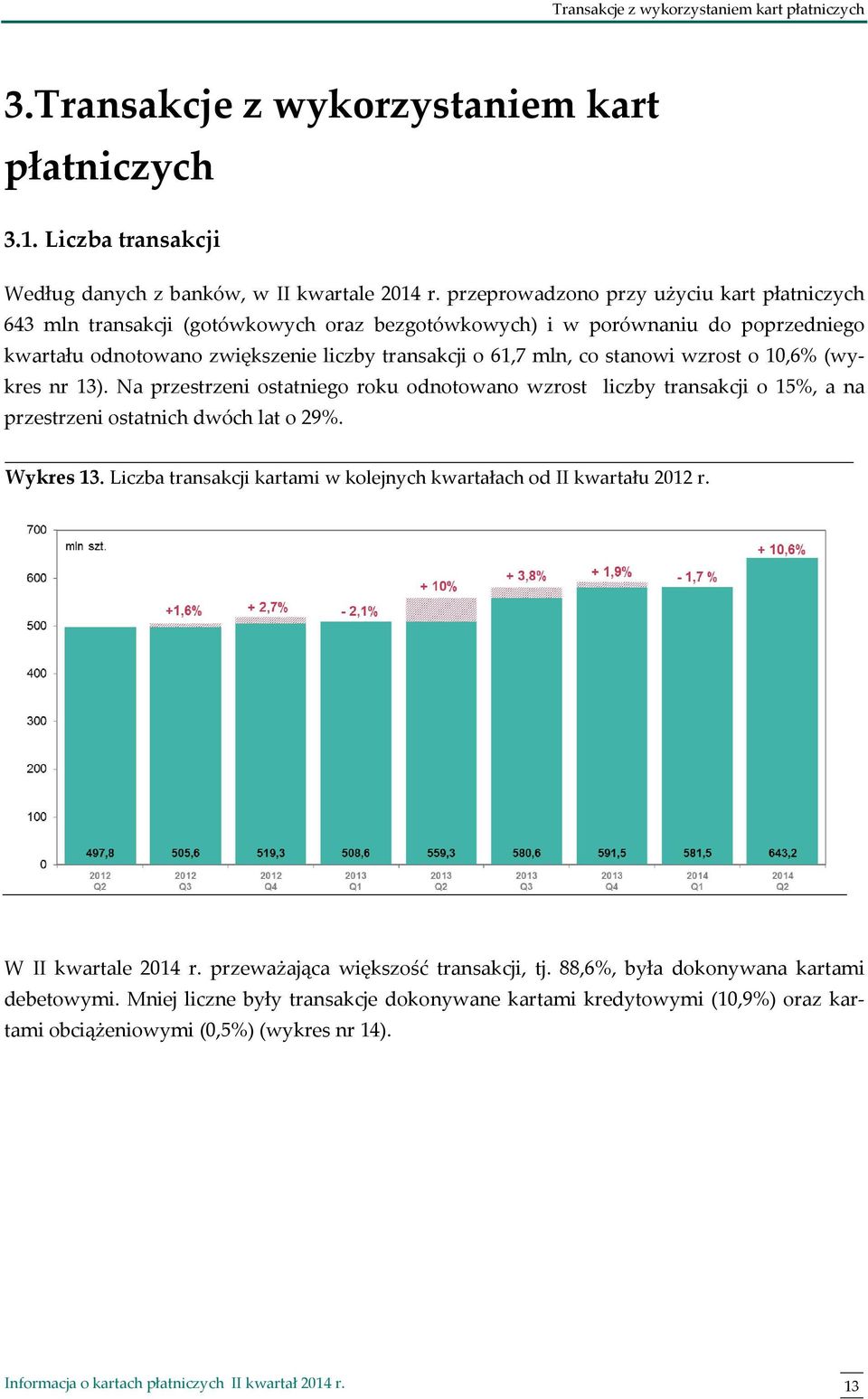 stanowi wzrost o 10,6% (wykres nr 13). Na przestrzeni ostatniego roku odnotowano wzrost liczby transakcji o 15%, a na przestrzeni ostatnich dwóch lat o 29%. Wykres 13.