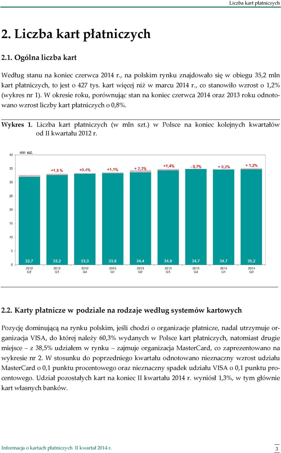 W okresie roku, porównując stan na koniec czerwca 2014 oraz 2013 roku odnotowano wzrost liczby kart płatniczych o 0,8%. Wykres 1. Liczba kart płatniczych (w mln szt.