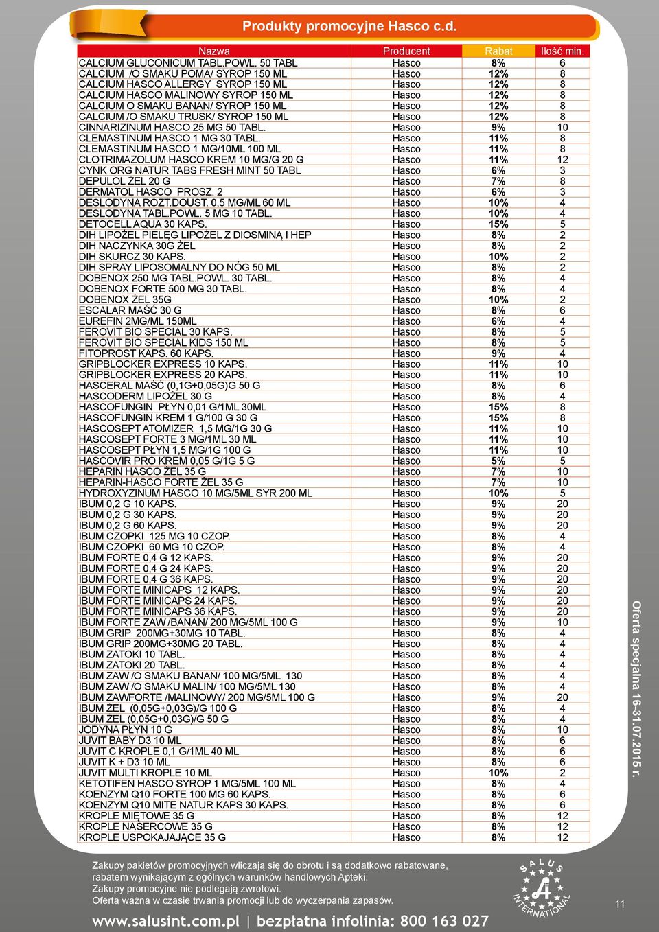 Hasco 12% 8 CALCIUM /O SMAKU TRUSK/ SYROP 150 ML Hasco 12% 8 CINNARIZINUM HASCO 25 MG 50 TABL. Hasco 9% 10 CLEMASTINUM HASCO 1 MG 30 TABL.