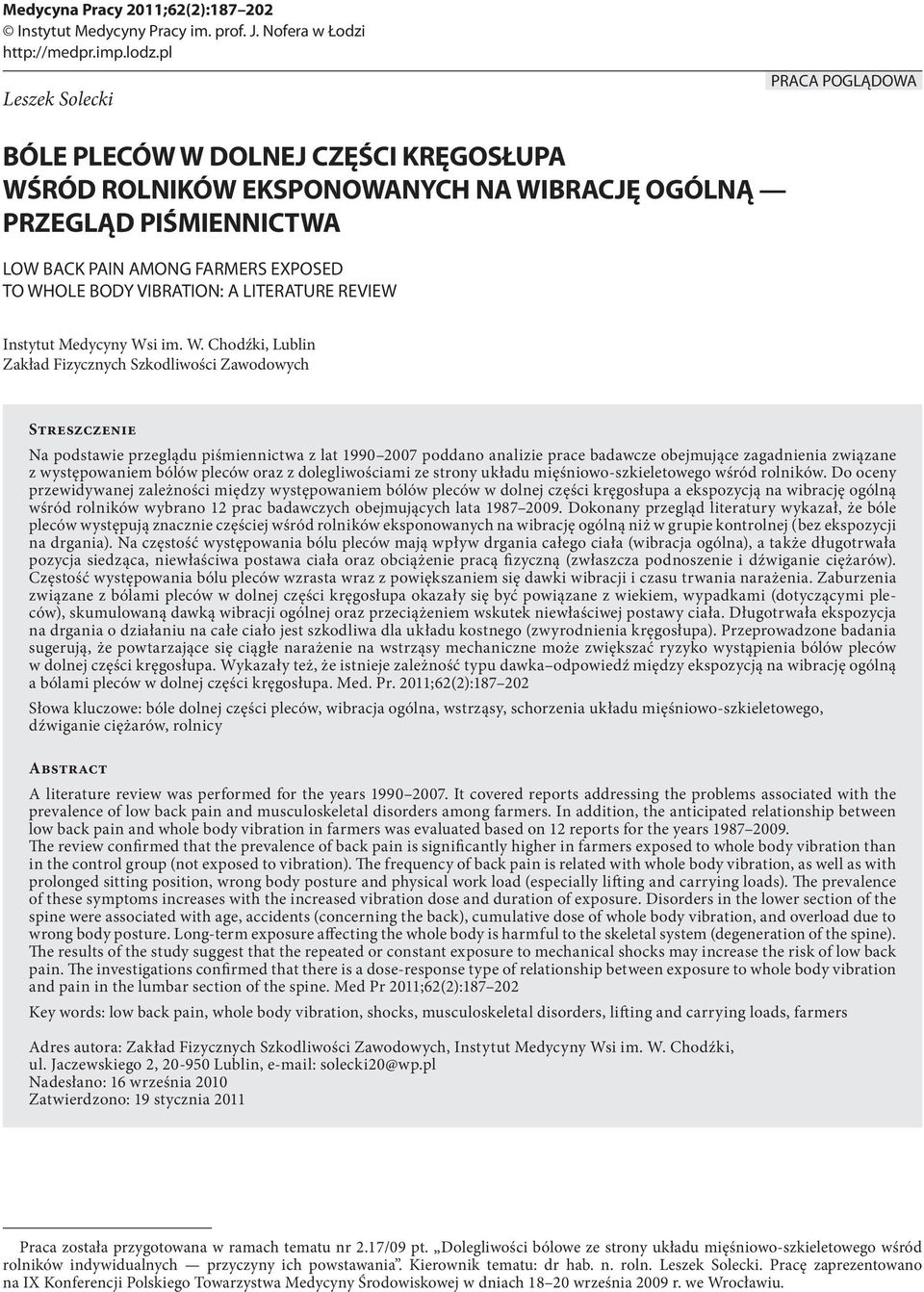 VIBRATION: A LITERATURE REVIEW Instytut Medycyny Ws