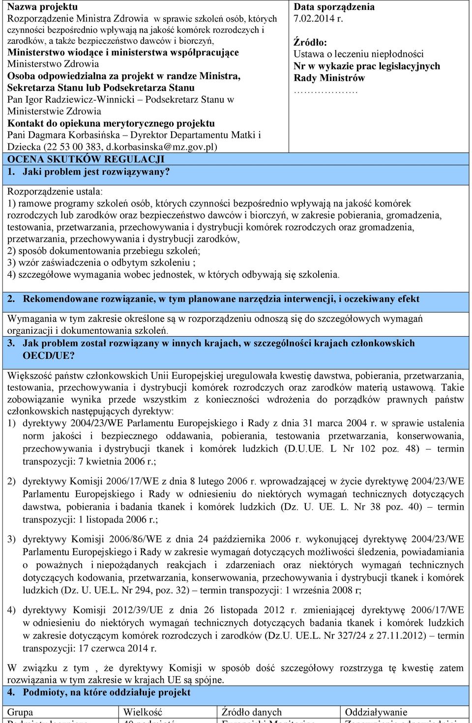 Podsekretarz Stanu w Ministerstwie Zdrowia Kontakt do opiekuna merytorycznego projektu Pani Dagmara Korbasińska Dyrektor Departamentu Matki i Dziecka (22 53 00 383, d.korbasinska@mz.gov.