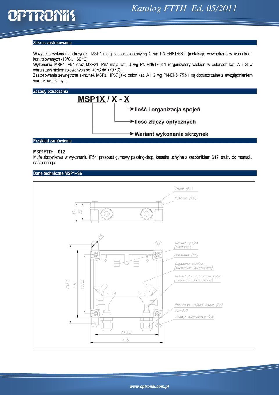 U wg PN-EN61753-1 (organizatory włókien w osłonach kat. A i G w warunkach niekontrolowanych od -40ºC do +70 ºC).