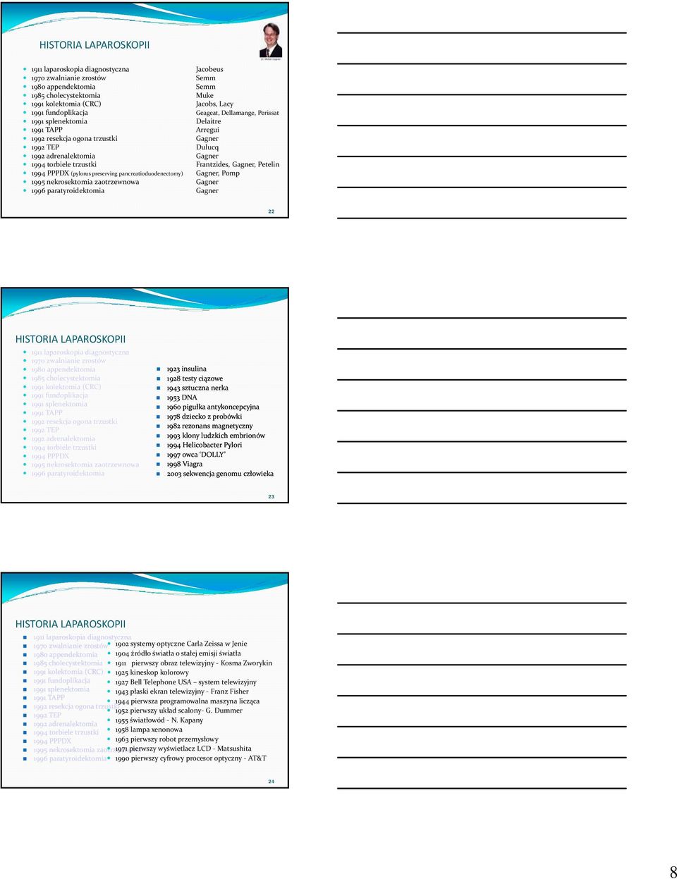 (pylorus preserving pancreatioduodenectomy) Gagner, Pomp 1995 nekrosektomia zaotrzewnowa Gagner 1996 paratyroidektomia Gagner 22 1911 laparoskopia diagnostyczna 1970 zwalnianie zrostów 1980