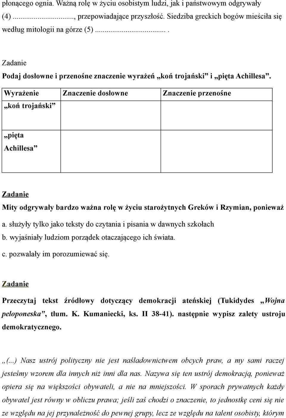 Wyrażenie Znaczenie dosłowne Znaczenie przenośne koń trojański pięta Achillesa Mity odgrywały bardzo ważna rolę w życiu starożytnych Greków i Rzymian, ponieważ a.