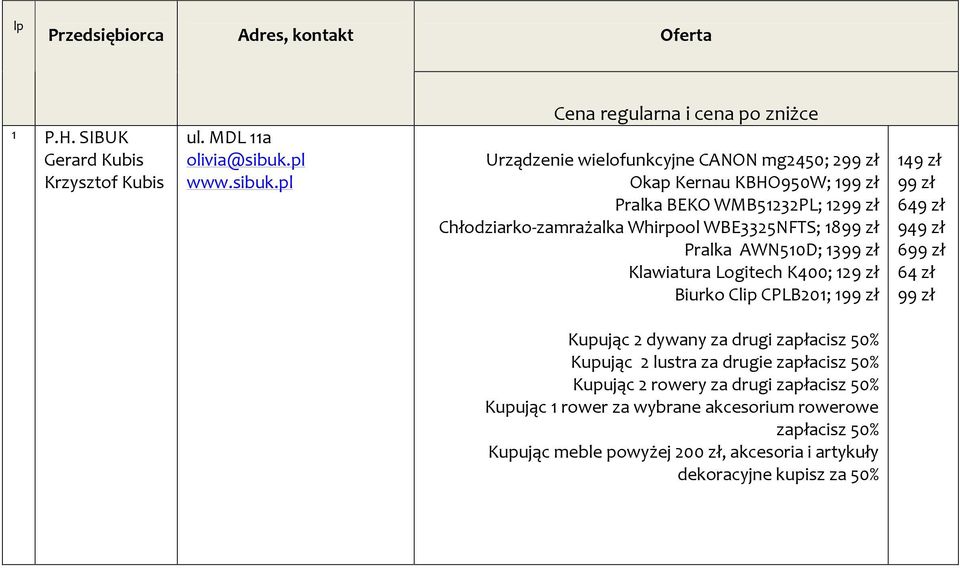 pl Cena regularna i cena po zniżce Urządzenie wielofunkcyjne CANON mg2450; 299 zł Okap Kernau KBHO950W; 199 zł Pralka BEKO WMB51232PL; 1299 zł Chłodziarko-zamrażalka Whirpool