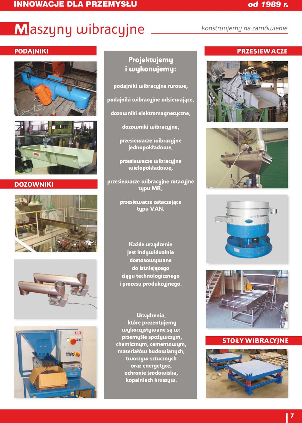 zataczające typu VAN. PRZESIEWACZE Każde urządzenie jest indywidualnie dostosowywane do istniejącego ciągu technologicznego i procesu produkcyjnego.