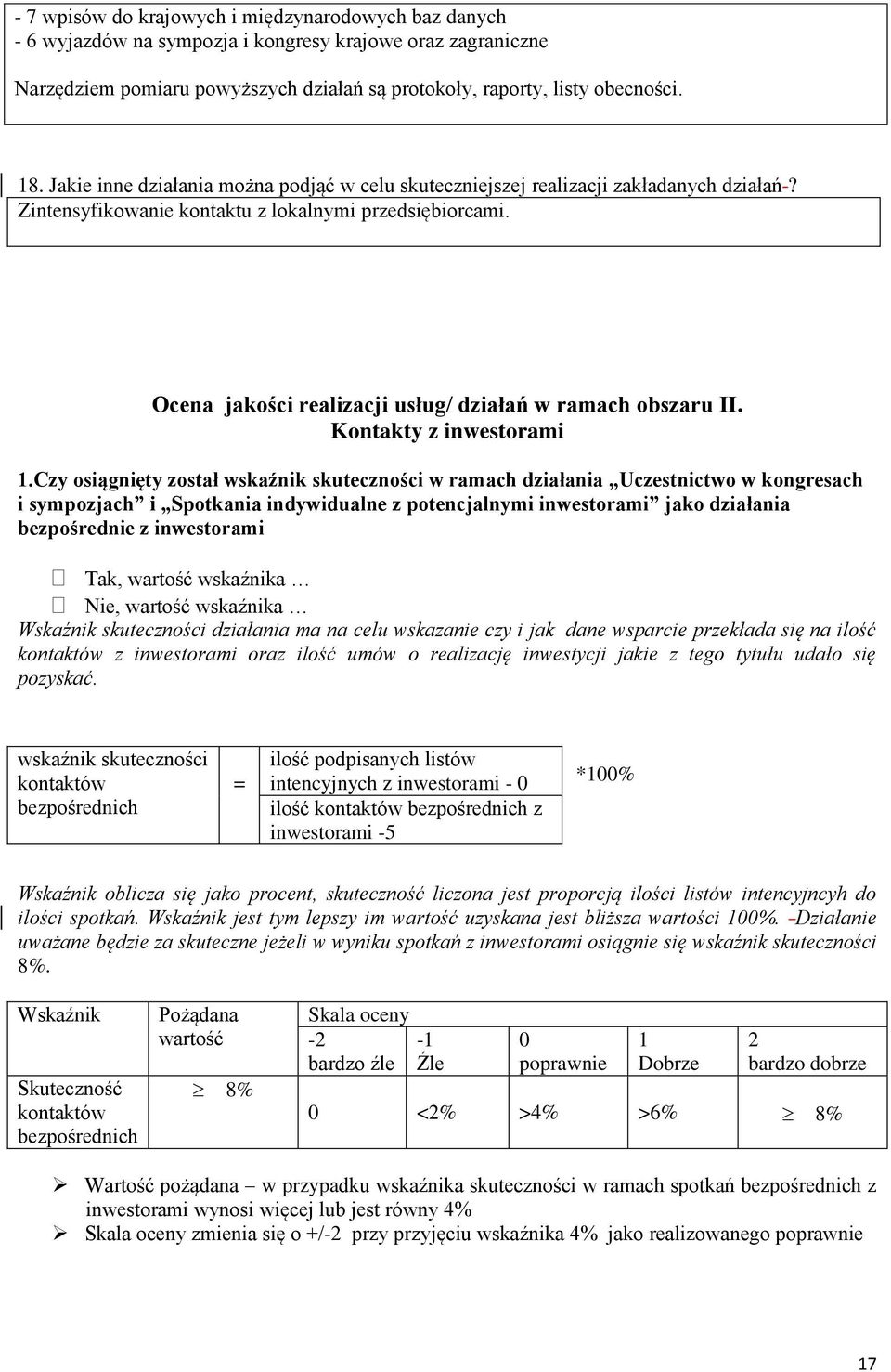 Ocena jakości realizacji usług/ działań w ramach obszaru II. Kontakty z inwestorami 1.