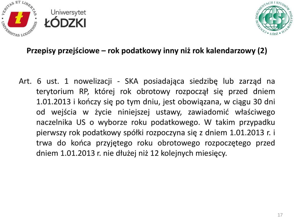 2013 i kończy się po tym dniu, jest obowiązana, w ciągu 30 dni od wejścia w życie niniejszej ustawy, zawiadomić właściwego naczelnika US o