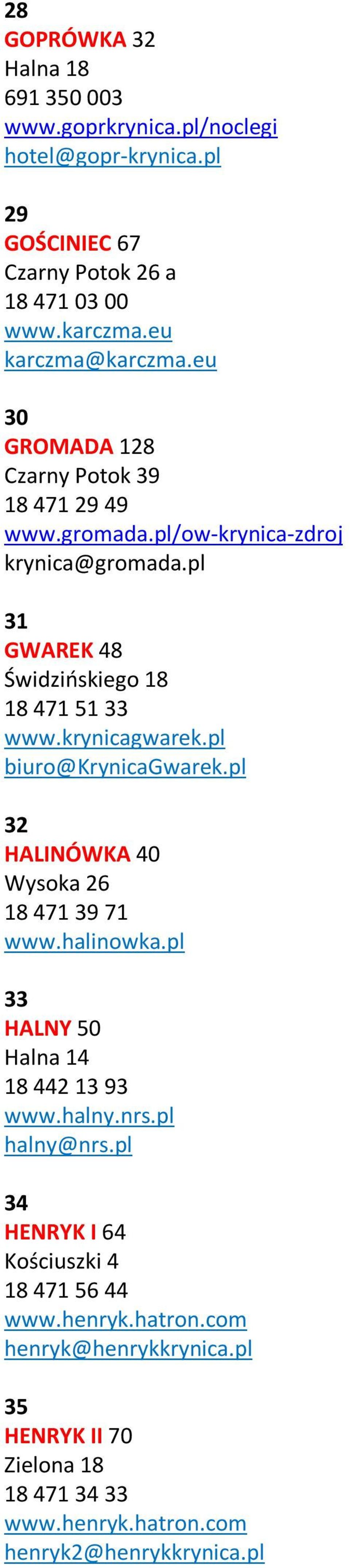 pl 31 GWAREK 48 Świdzińskiego 18 18 471 51 33 www.krynicagwarek.pl biuro@gwarek.pl 32 HALINÓWKA 40 Wysoka 26 18 471 39 71 www.halinowka.