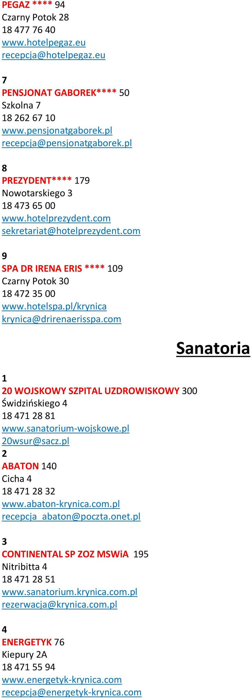 pl/krynica krynica@drirenaerisspa.com 1 20 WOJSKOWY SZPITAL UZDROWISKOWY 300 Świdzińskiego 4 18 471 28 81 www.sanatorium-wojskowe.pl 20wsur@sacz.pl 2 ABATON 140 Cicha 4 18 471 28 32 www.