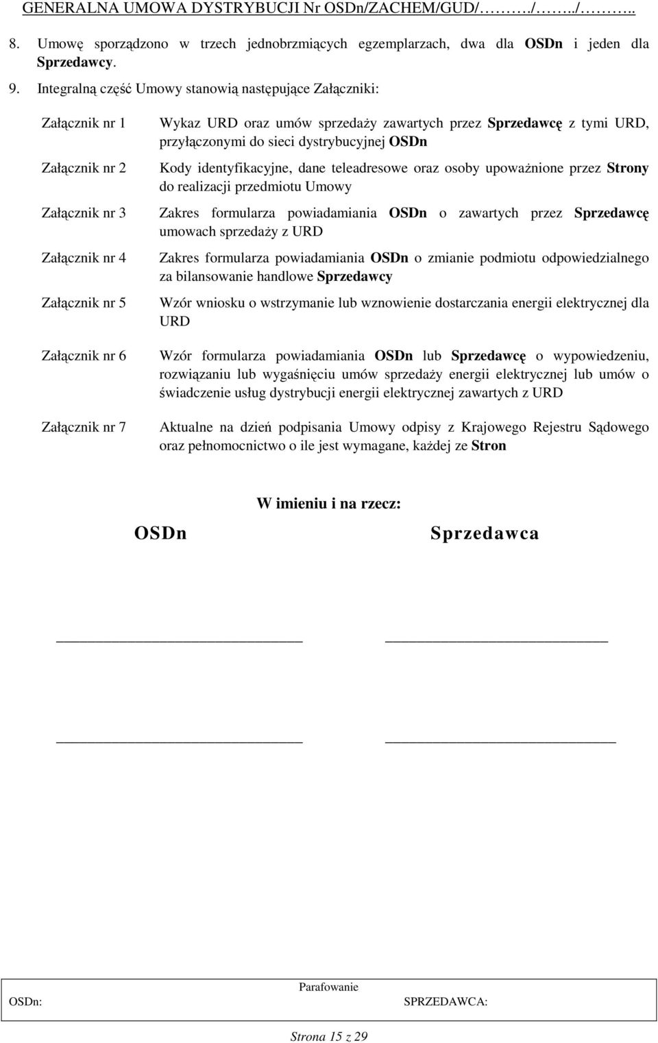 zawartych przez Sprzedawcę z tymi URD, przyłączonymi do sieci dystrybucyjnej OSDn Kody identyfikacyjne, dane teleadresowe oraz osoby upoważnione przez Strony do realizacji przedmiotu Umowy Zakres