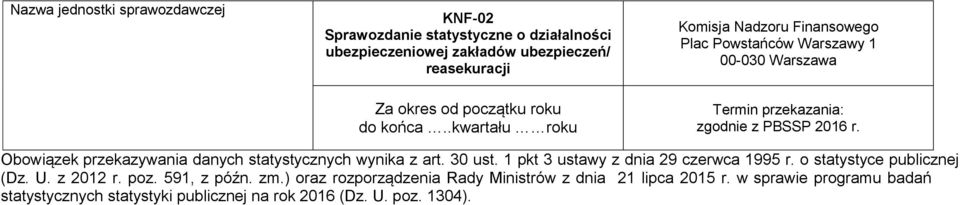 Obowiązek przekazywania danych statystycznych wynika z art. 30 ust. 1 pkt 3 ustawy z dnia 29 czerwca 1995 r. o statystyce publicznej (Dz. U. z 2012 r. poz.