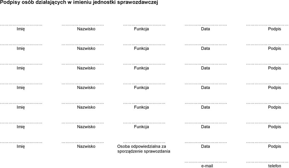 Funkcja Data  Osoba odpowiedzialna za Data Podpis sporządzenie sprawozdania e-mail