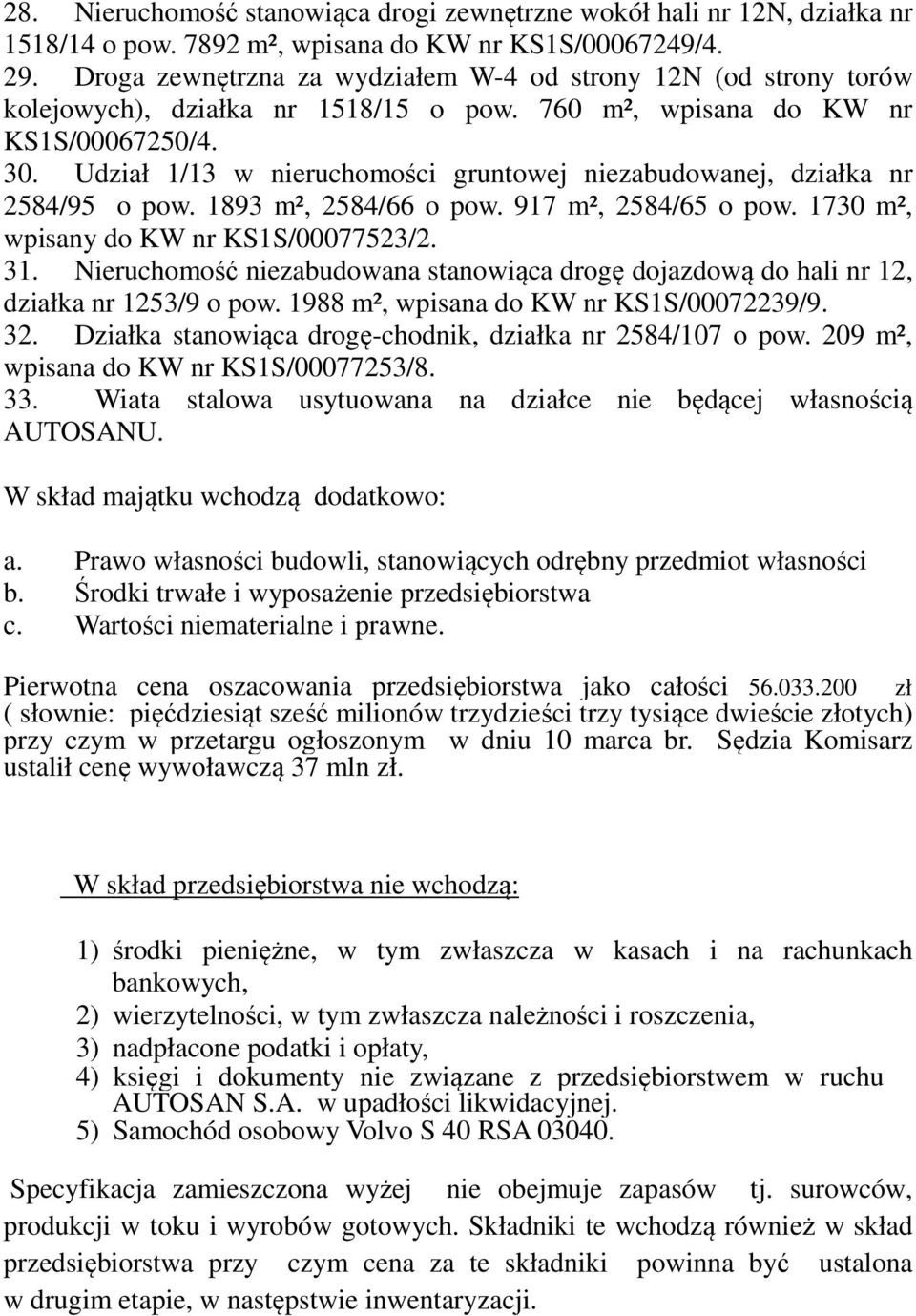 Udział 1/13 w nieruchomości gruntowej niezabudowanej, działka nr 2584/95 o pow. 1893 m², 2584/66 o pow. 917 m², 2584/65 o pow. 1730 m², wpisany do KW nr KS1S/00077523/2. 31.