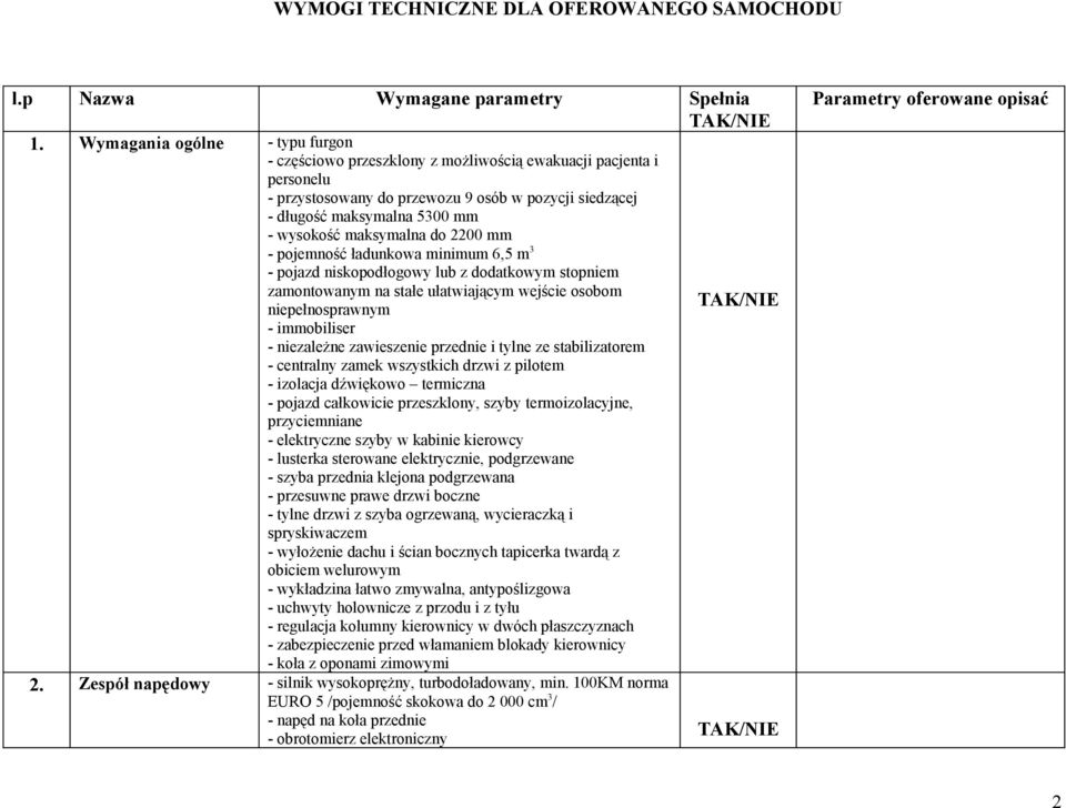 maksymalna do 2200 mm - pojemność ładunkowa minimum 6,5 m 3 - pojazd niskopodłogowy lub z dodatkowym stopniem zamontowanym na stałe ułatwiającym wejście osobom niepełnosprawnym - immobiliser -