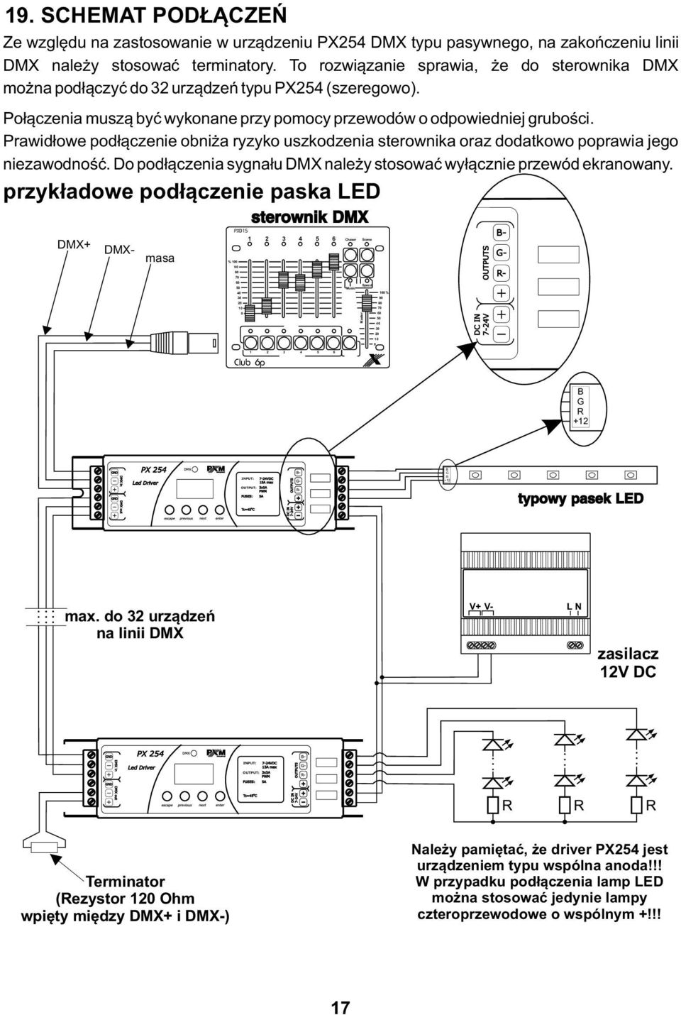 Prawidłowe podłączenie obniża ryzyko uszkodzenia sterownika oraz dodatkowo poprawia jego niezawodność. Do podłączenia sygnału DMX należy stosować wyłącznie przewód ekranowany.