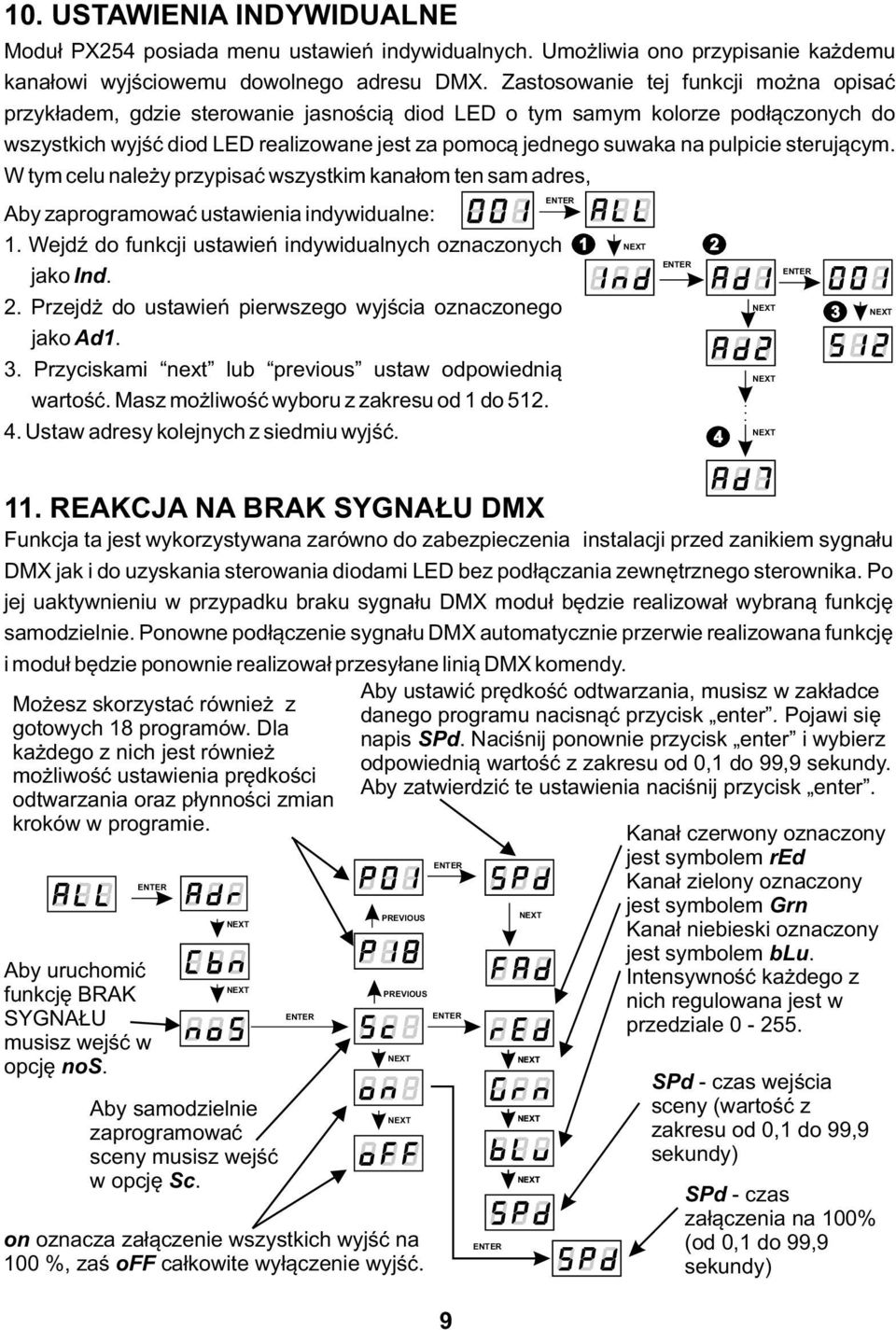 pulpicie sterującym. W tym celu należy przypisać wszystkim kanałom ten sam adres, Aby zaprogramować ustawienia indywidualne: 1. Wejdź do funkcji ustawień indywidualnych oznaczonych jako Ind. 2.