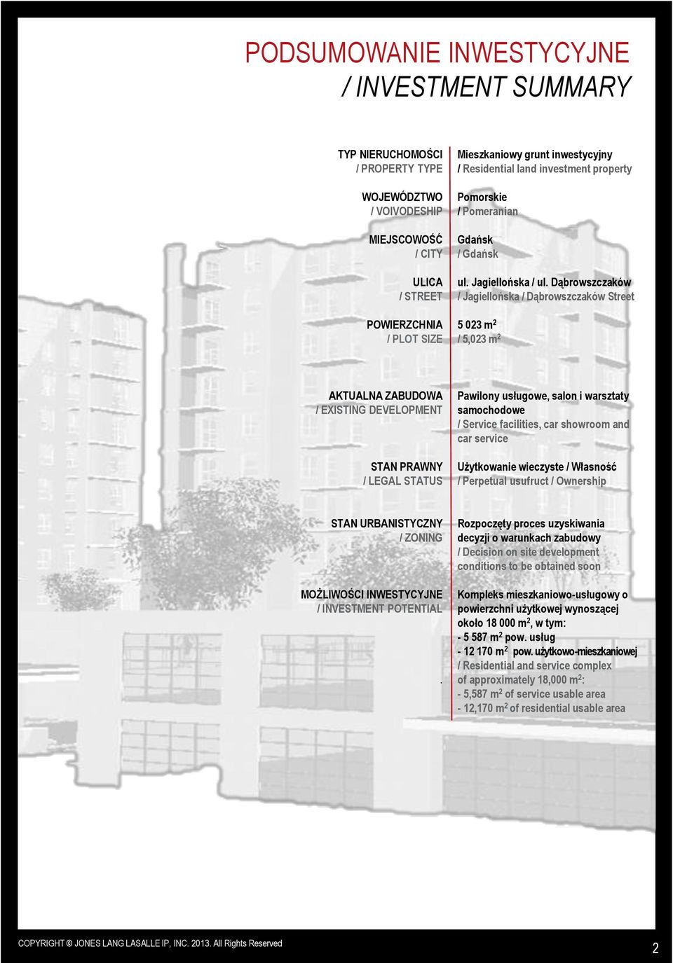 Dąbrowszczaków / Jagiellońska / Dąbrowszczaków Street 5 023 m 2 / 5,023 m 2 KTULN ZBUDOW / EXISTING DEVELOPMENT STN PRWNY / LEGL STTUS Pawilony usługowe, salon i warsztaty samochodowe / Service
