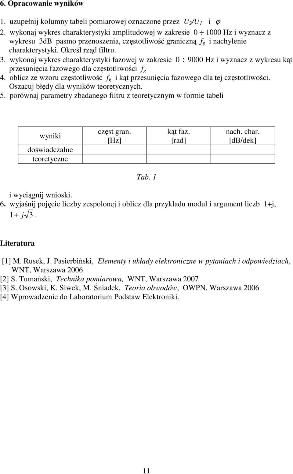 B pasmo przenoszenia, częstotliwość graniczną f g i nachylenie charakterystyki. Określ rząd filtru. 3.