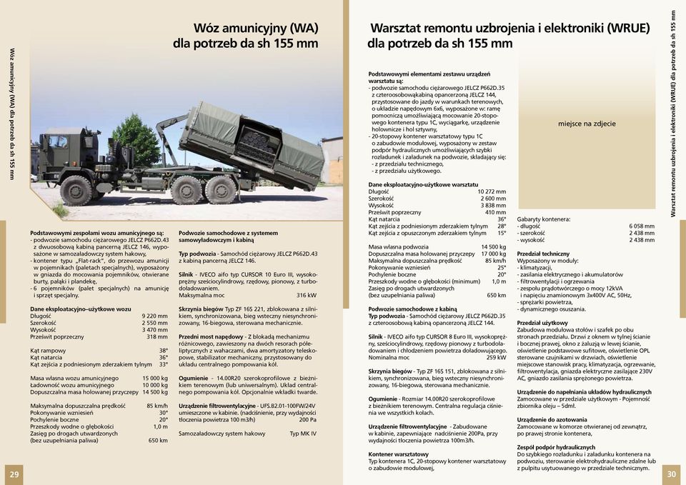mocowania pojemników, otwierane burty, pałąki i plandekę, - 6 pojemników (palet specjalnych) na amunicję i sprzęt specjalny.