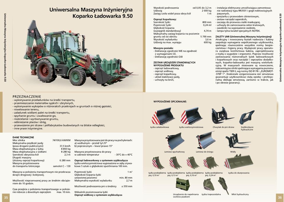 standardowy) 4,74 m Maksymalny zasięg kopania na poziomie gruntu od osi obrotu 5 790 mm Wysokość wyładunku 3,6 m Udźwig na max.