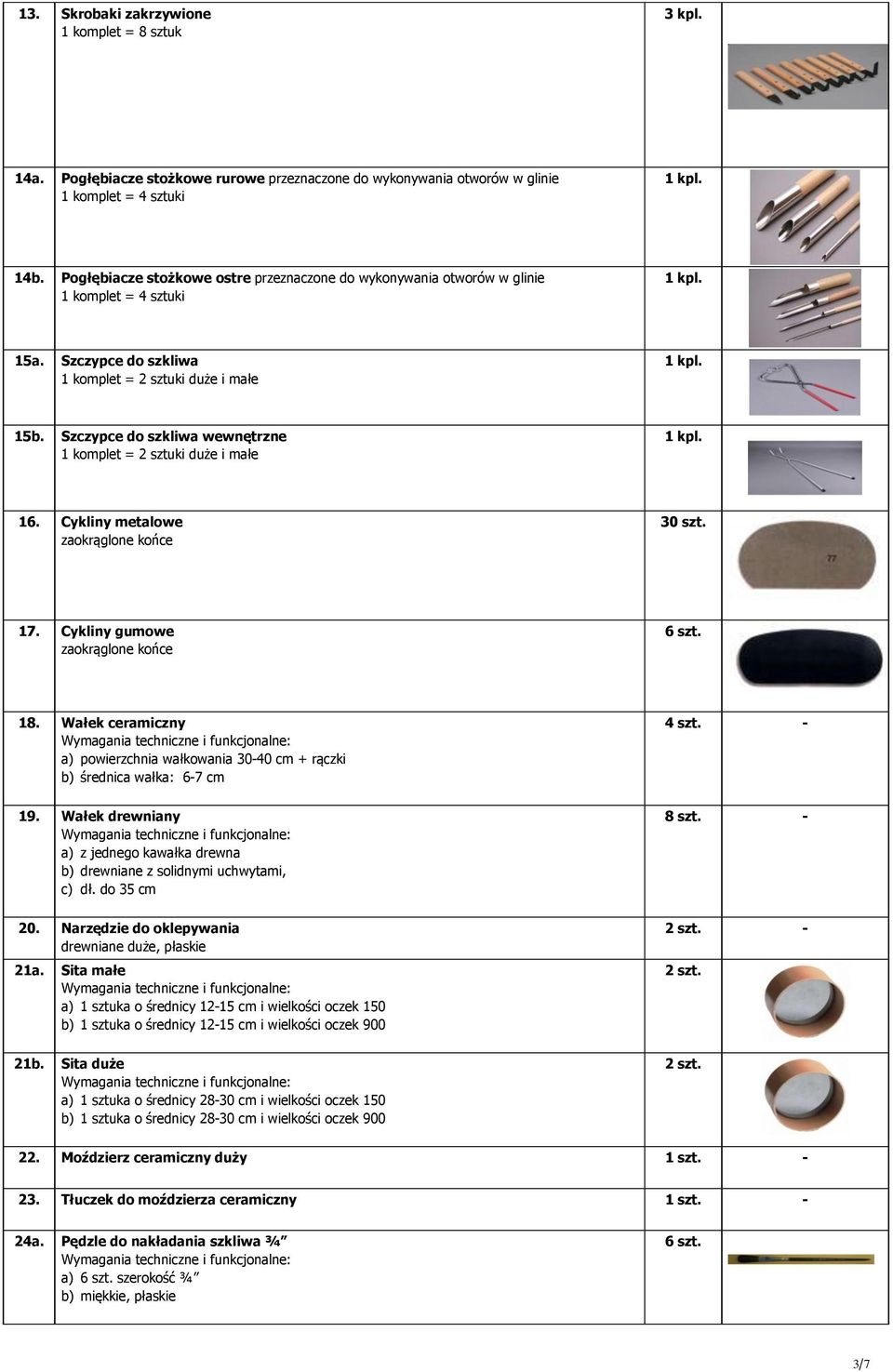 Szczypce do szkliwa wewnętrzne 1 komplet = 2 sztuki duże i małe 16. Cykliny metalowe zaokrąglone końce 30 szt. 17. Cykliny gumowe zaokrąglone końce 6 szt. 18.