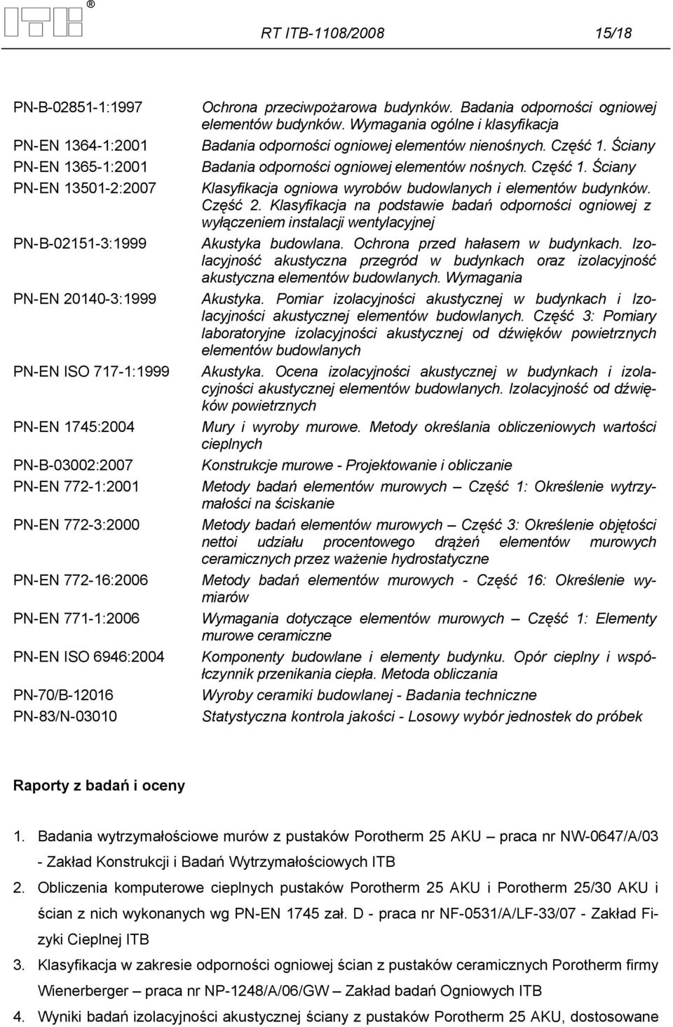 Wymagania ogólne i klasyfikacja Badania odporności ogniowej elementów nienośnych. Część 1. Ściany Badania odporności ogniowej elementów nośnych. Część 1. Ściany Klasyfikacja ogniowa wyrobów budowlanych i elementów budynków.