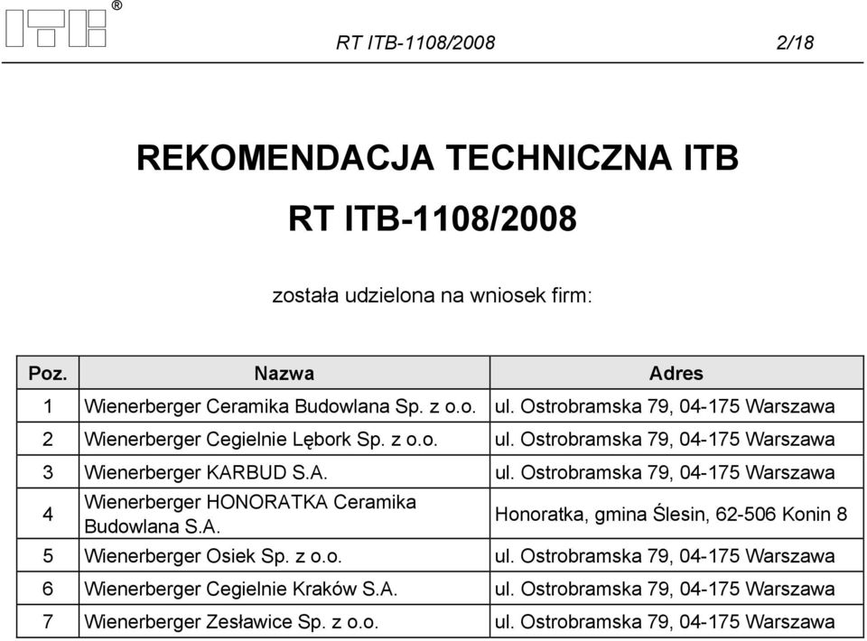 A. Honoratka, gmina Ślesin, 62-506 Konin 8 5 Wienerberger Osiek Sp. z o.o. ul. Ostrobramska 79, 04-175 Warszawa 6 Wienerberger Cegielnie Kraków S.A. ul. Ostrobramska 79, 04-175 Warszawa 7 Wienerberger Zesławice Sp.