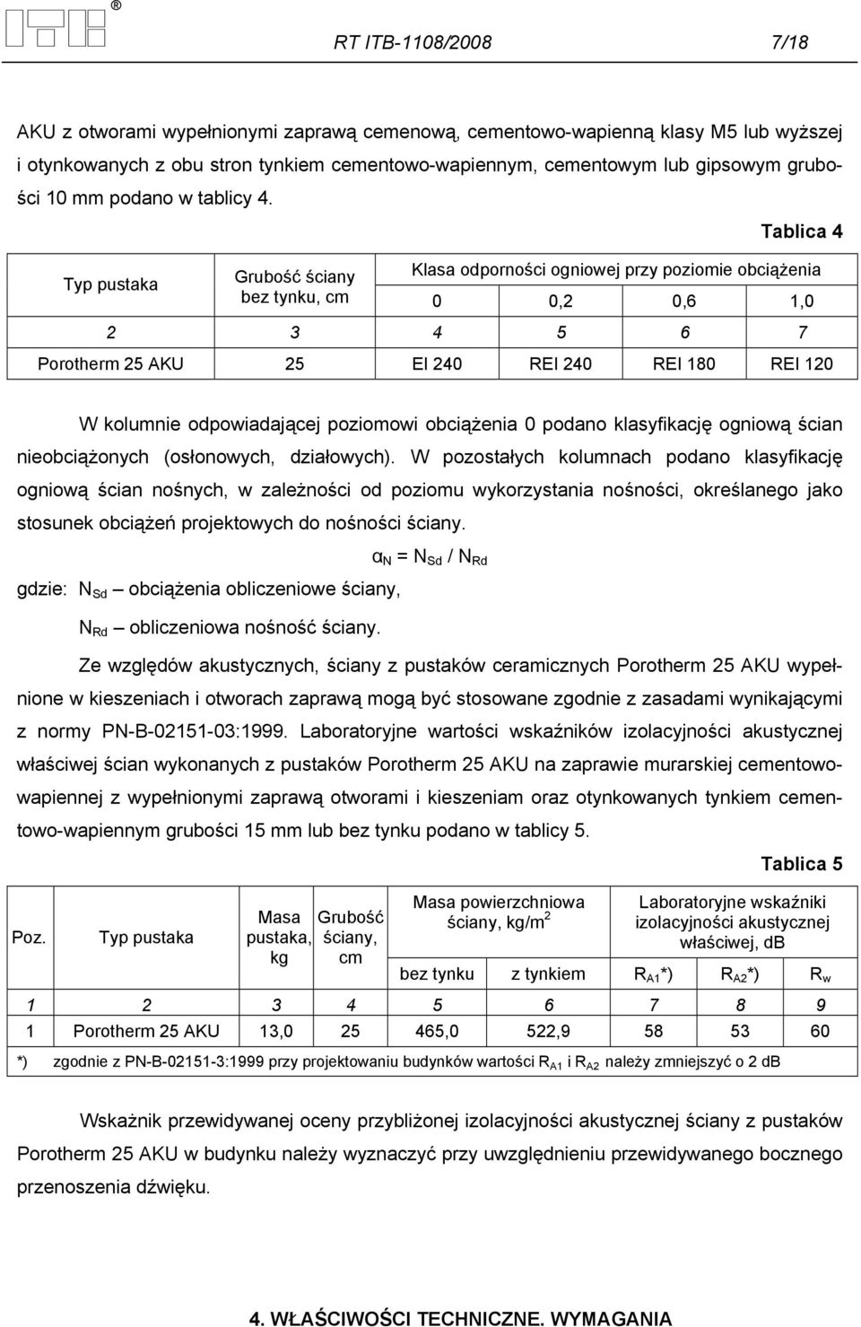 Tablica 4 Typ pustaka Grubość ściany Klasa odporności ogniowej przy poziomie obciążenia bez tynku, cm 0 0,2 0,6 1,0 2 3 4 5 6 7 Porotherm 25 AKU 25 EI 240 REI 240 REI 180 REI 120 W kolumnie