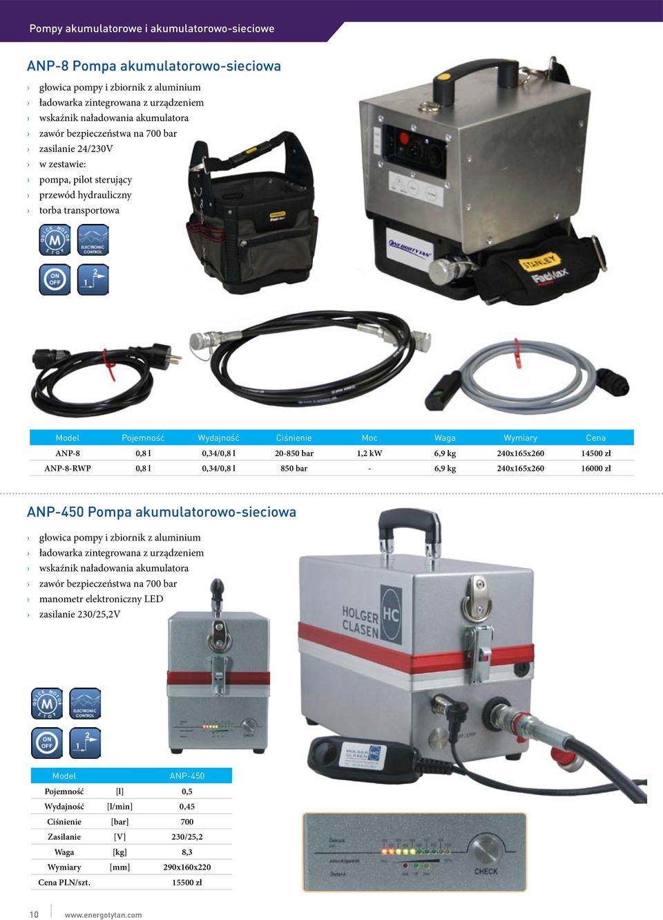 20-850 bar 1,2 kw 6,9 kg 240x165x260 14500 zł ANP-8-RWP 0,8 l 0,34/0,8 l 850 bar - 6,9 kg 240x165x260 16000 zł ANP-450 Pompa akumulatorowo-sieciowa głowica pompy i zbiornik z aluminium ładowarka